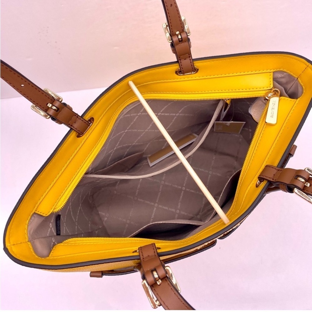 Michael Kors Jet Set Travel Front Double Pocket Shoulder Tote Bag Yellow/Brown - Picture 3 of 9